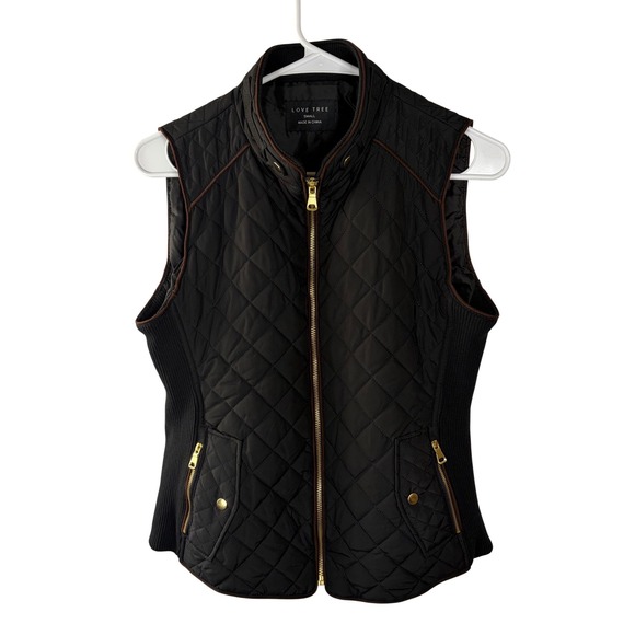 Love Tree Jackets & Blazers - Love Tree Womens Quilted Puffer Vest Black Gold Zip Brown Trim Small Lightweight